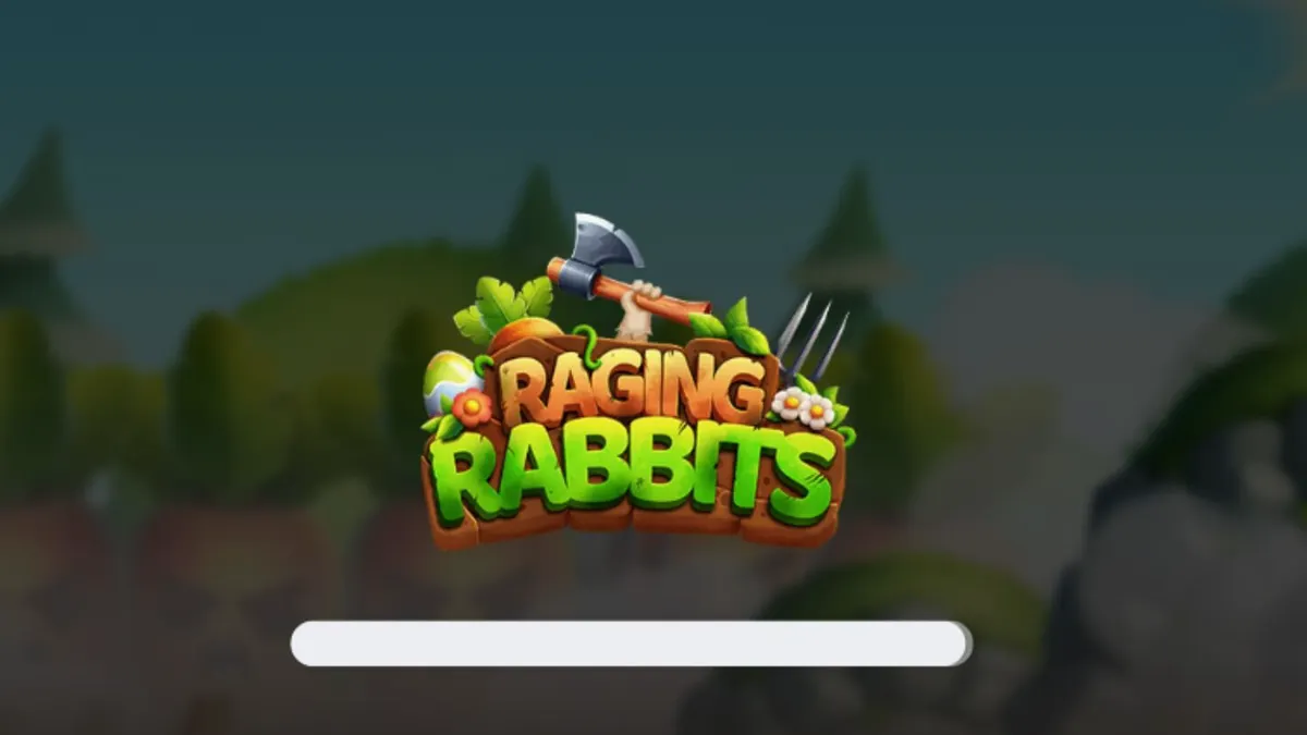 Tampilan antarmuka seluler gim slot Raging Rabbits dengan karakter kelinci militer.